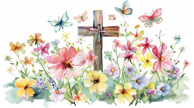 Watercolor image of a Christian cross surrounded by blooming spring flowers and butterflies cute and inspirational