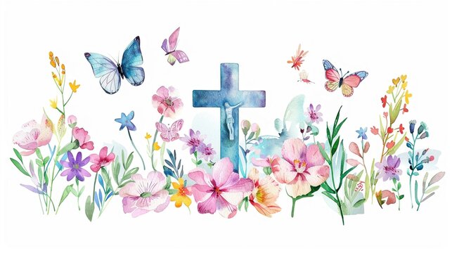Watercolor image of a Christian cross surrounded by blooming spring flowers and butterflies cute and inspirational