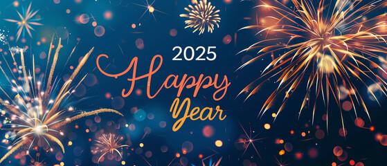 A colorful Happy New Year card filled with bright fireworks lighting up the night sky, celebrating the arrival of the new year in a joyful and festive manner - obrazy, fototapety, plakaty