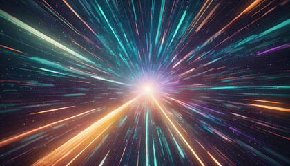 Fototapeta na wymiar neon hyper flight through hyperspace stars, time warp travel in space. Conceptual illustration of futuristic journey