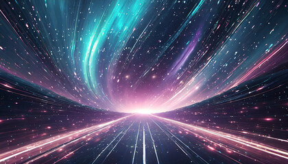 neon hyper flight through hyperspace stars, time warp travel in space. Conceptual illustration of futuristic journey