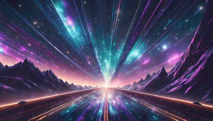 neon hyper flight through hyperspace stars, time warp travel in space. Conceptual illustration of...
