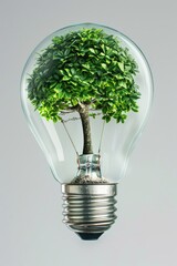 Light bulb with a green tree inside on grey background. Green alternative energy ecology concept. AI Generated