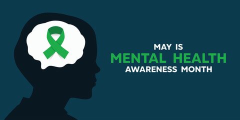 May is Mental Health Awareness Month. Men, ribbon and brain Great for cards, banners, posters, social media and more. Dark green background. 