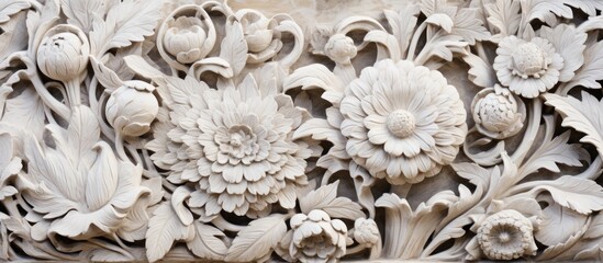 A detailed carving of flowers and leaves, showcasing intricate patterns and delicate craftsmanship