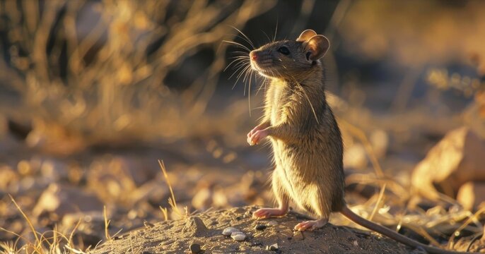 A scavenging rat standing on its hind legs determined to survive and find sustenance amidst the drought.