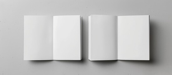 Design concept showing a white notebook from a top view, with blank pages opened, turned, and flipped on a gray background for a mockup. The image is a real photograph, not a .