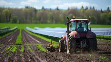 An electric tractor plowing the fields its battery charged by the solar panels showcasing the farms...
