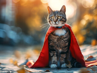 Autumn Vigilante: Tabby Cat Cloaked in a Red Superhero Cape