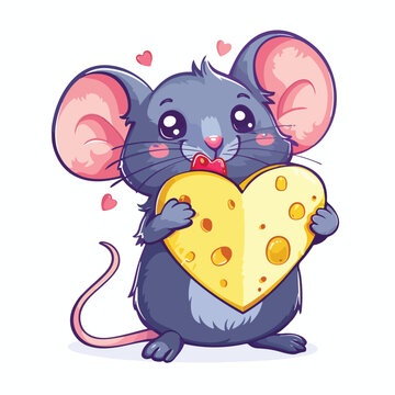 Cute mouse and heart shape piece of cheese in paws