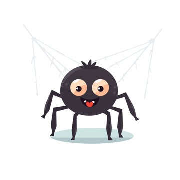 Cute smiling black spider hanging on a string of co