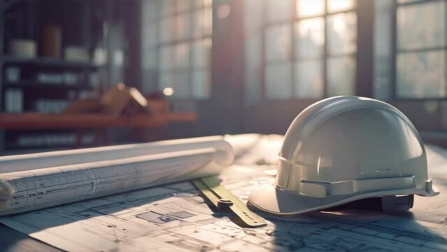 hard hat with blueprints ,Construction planning concept