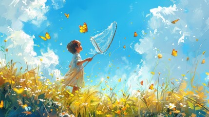 A girl catches butterflies with a large net.