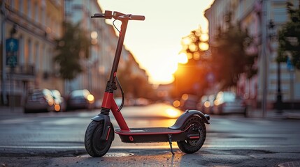 An electric scooter standing on a running board on a city street.