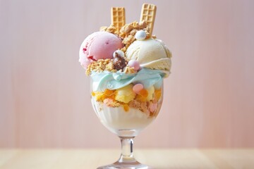 Ice cream scoops with wafer sticks in a glass. AI Generated 