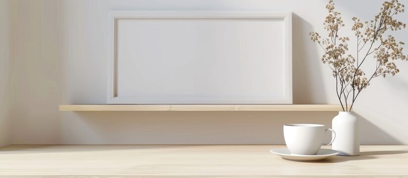 Wooden shelf with a white frame and a cup of coffee. Empty display area for products or graphics.