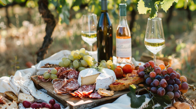 A picnic in a vineyard with a selection of artis cheeses cured meats and a bottle of local wine followed by a romantic proposal in the midst of the vineyard.