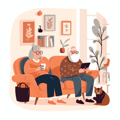 Elderly couple sitting on the sofa and watching TV.