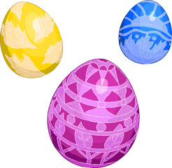 3 Easter eggs decorated with monochrome ornament. Vector illustration of colored Easter eggs decorated with monochrome pattern. Painting style. Festive treat and celebration of Easter holiday.