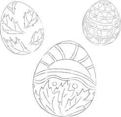 Line art of 3 Easter eggs decorated with ornament. Vector illustration of Easter eggs decorated with pattern. Painting style. Festive treat and celebration of Easter holiday.