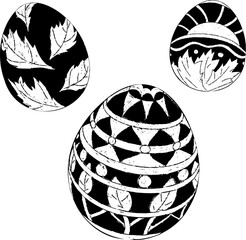 Shape of 3 Easter eggs decorated with ornament. Vector illustration of Easter eggs decorated with pattern. Painting style. Festive treat and celebration of Easter holiday.