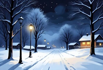 Tee shirt design Snowy midnight scene in winter. impressionist style