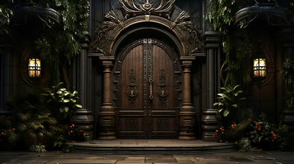 Fototapeta premium Enchanting Floral Tapestry Framing an Opulent Wooden Portal: A Captivating Intersection of Nature's Beauty and Architectural Elegance