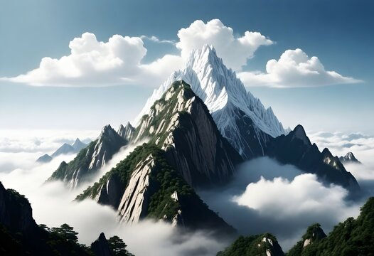 Create a picture with a giant Chinese mountain with white accents and the sky. There should be more distance between the sky and the mountain.