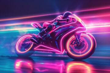 A neon bike is shown in a neon color with a man on it. - obrazy, fototapety, plakaty