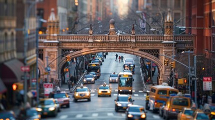 A busy street scene with cars and buses passing under an elegant arched bridge a symbol of progress and connection in the urban landscape. - obrazy, fototapety, plakaty