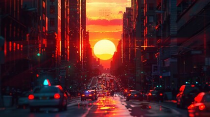 A city street with cars and a large sun in the sky - obrazy, fototapety, plakaty