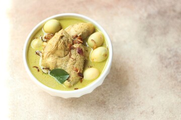 Chicken Curry Soup in White Bowl. Copy Space on dark background. 