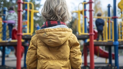A child stands at the edge of a playground watching other children playing on the monkey bars with a look of anxiety on their face.