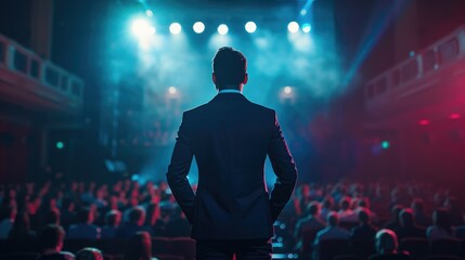 Rear view of motivational speaker standing on stage in front of audience in conference or business event