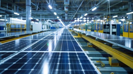 Naklejka premium A large solar panel assembly line stretching across a vast factory floor with various machines and conveyor belts working together . AI generation.