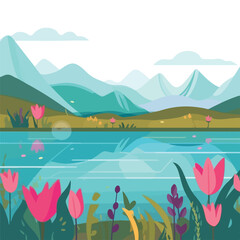 Flat vector background of spring landscape with min