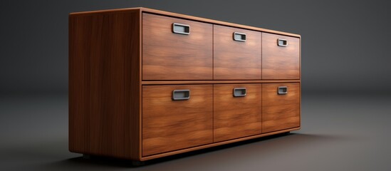 A 3D model of a wooden cabinetry piece with multiple drawers and handles, made from hardwood and finished with varnish. Perfect for any furniture or interior design project