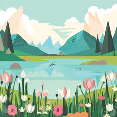 Fototapeta na wymiar Flat vector background of spring landscape with min