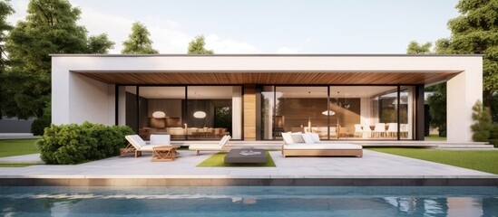 A modern house with a swimming pool situated in front of it, surrounded by a lush landscape with trees. The propertys facade overlooks the sparkling water under the clear sky
