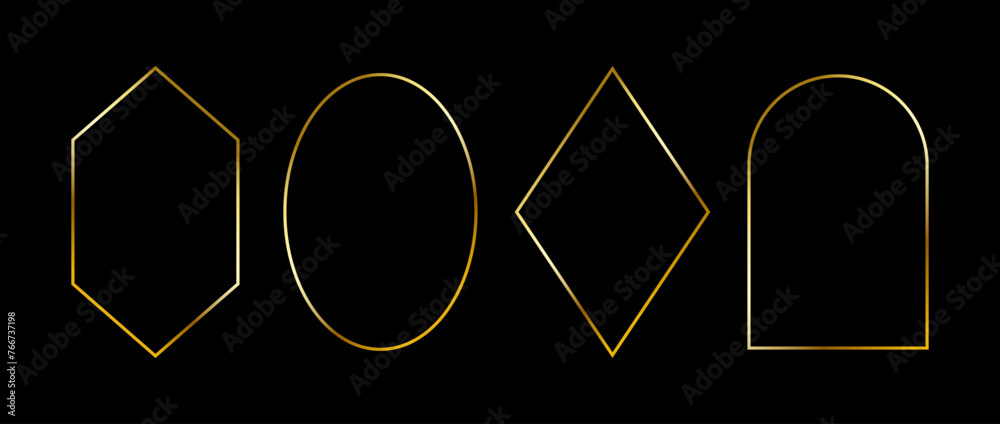 Poster golden thin frames set. gold geometric borders in art deco style. thin linear diamond, ellipse, arch