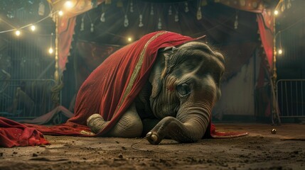 Sad elephant wearing clothes suffering in circus captivity