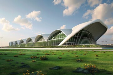 Futuristic stadium amidst green nature