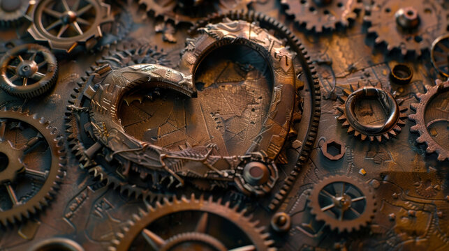 A intricate maze of gears and cogs each moving in perfect harmony form the body of a large mechanical heart. As it beats in rhythmic motion it symbolizes the ebbs and flows