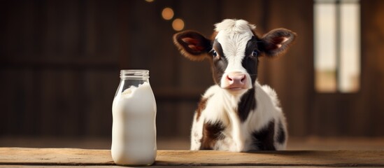 A working terrestrial animal, the cow, is resting on a hardwood table next to a bottle of milk. The event showcases the importance of livestock in producing plant milk in the darkness