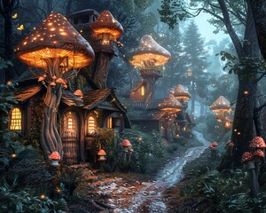 Transform the ordinary into extraordinary with a high-angle illustration of mystical fairy villages tucked away in lush forests Infuse the scene with vibrant details like tiny mushroom houses