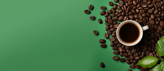 A macro photo featuring coffee beans and a cup of liquid coffee on a green background, resembling a celestial body orbiting around a terrestrial plant