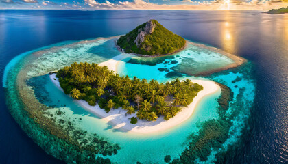 private island surrounded by clear waters, perfect for luxury escapes. Ideal for travel brochures or website banners
