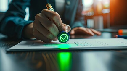 Paperless workplace idea, e-signing, electronic signature, document management. A businessman signs an electronic document on a digital document on a virtual notebook screen using a stylus pen.