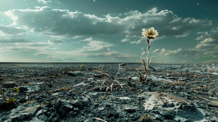 A lone wilted flower struggling to survive amidst a barren wasteland a symbol of the impact tornadoes have on the natural world. - obrazy, fototapety, plakaty