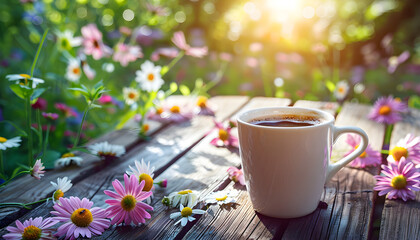 A calm and relax coffee scene with hot beverage in a cup on a wooden table with flowers in spring season. Perfect for morning drinks and tranquility. - obrazy, fototapety, plakaty